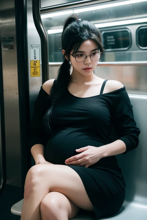 black hair color hair, (horse tailed), square shapes, Pregnant woman in the subway, eye glass, sitting down, eye glass, hyper realisitc, cellshading, stereograms,, Perspectives, atmosphric perspective, 8K, super detailing, Acura, Best quality at best，crowded with people around