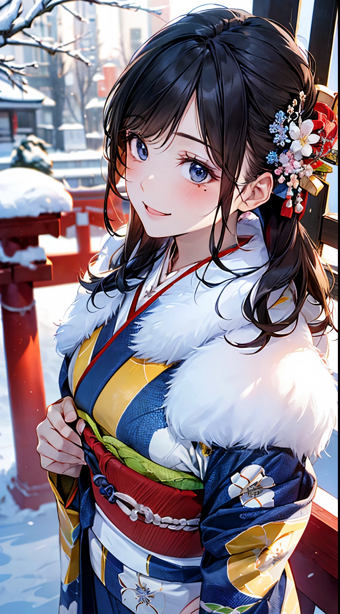 ((perfect anatomy, anatomically correct, super detailed skin)), 
1 girl, japanese, high school girl, shiny skin, large breasts:0.5, looking up, watching the view, 
beautiful hair, beautiful face, beautiful detailed eyes, (middle hair:1.5, japanese hair:1.5), black hair, blue eyes, babyface, mole under eye, 
(((dark blue kimono, luxury floral kimono, fur muffler), hair ornament)), 
((smile:1.5, open your mouth wide)), walking, 
(beautiful scenery), winter, dawn, (new year's day, first visit), hokkaido, sapporo, outside hokkaido shrine, crowd, snow, snowfall:1.5, freezing weather, frost, 
(8k, top-quality, masterpiece​:1.2, extremely detailed), (photorealistic), beautiful art, visual art, depth of fields, natural lighting,