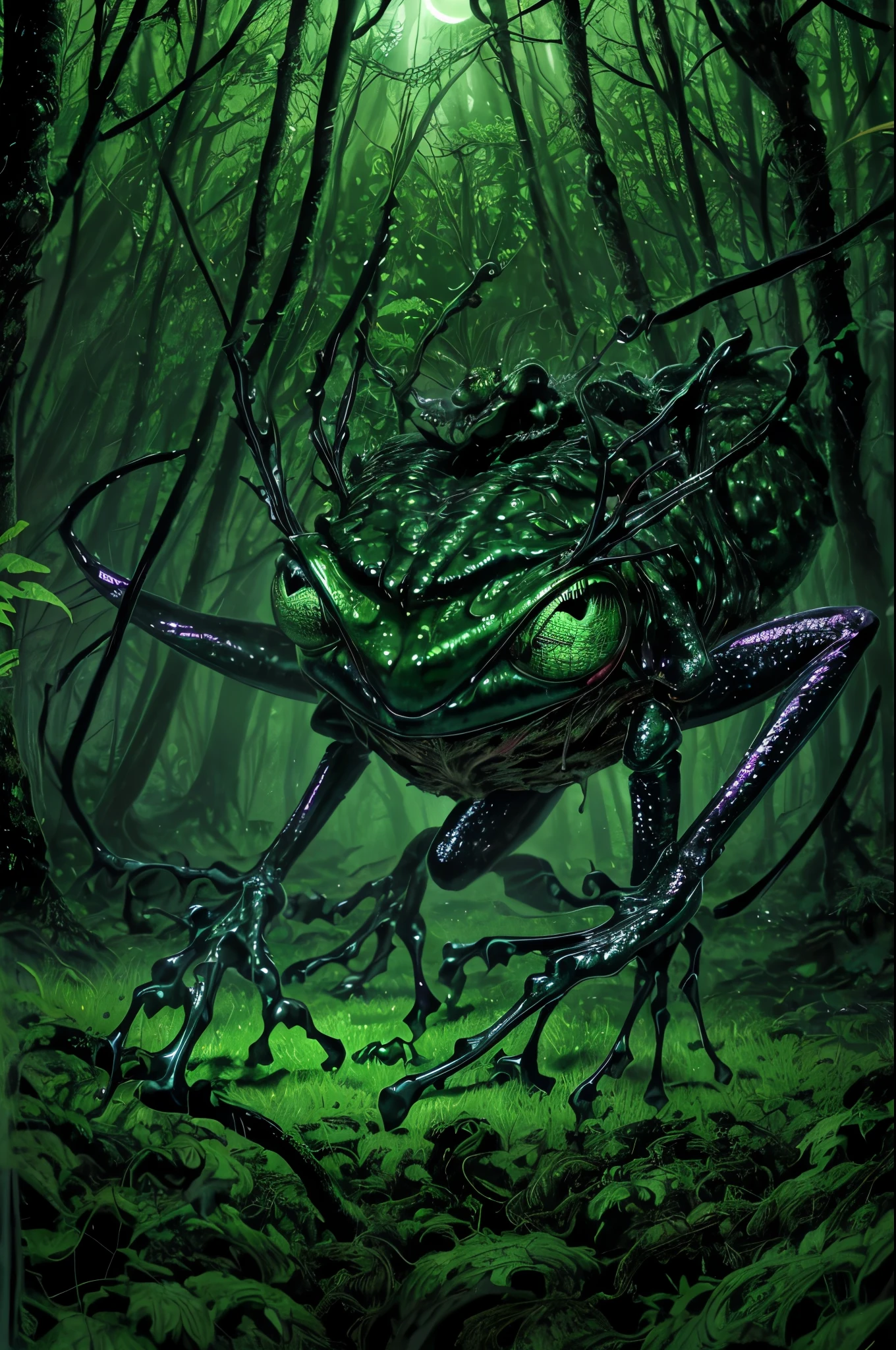 (a creepy,4k,highres)monster,frog-insect hybrid(cross,breed:1.1),scuttling quickly,through the forest,dark and eerie atmosphere,thick canopy,gnarled trees,abundant moss and overgrown vegetation,spooky glow from the moonlight,vibrant green moss covering the monster's slimy skin,detailed tendrils extending from its body,sharp insect-like mandibles,complex compound eyes,stunningly detailed iridescent wings,bulbous eyes(frog:detailed:1.1),dripping with venomous slime(colored:red,green:0.9),sinister hissing sound,ominous croaking sounds(pitched:lower:0.9),shadows dancing,moonlight filtering through the trees,creating ethereal patterns on the forest floor