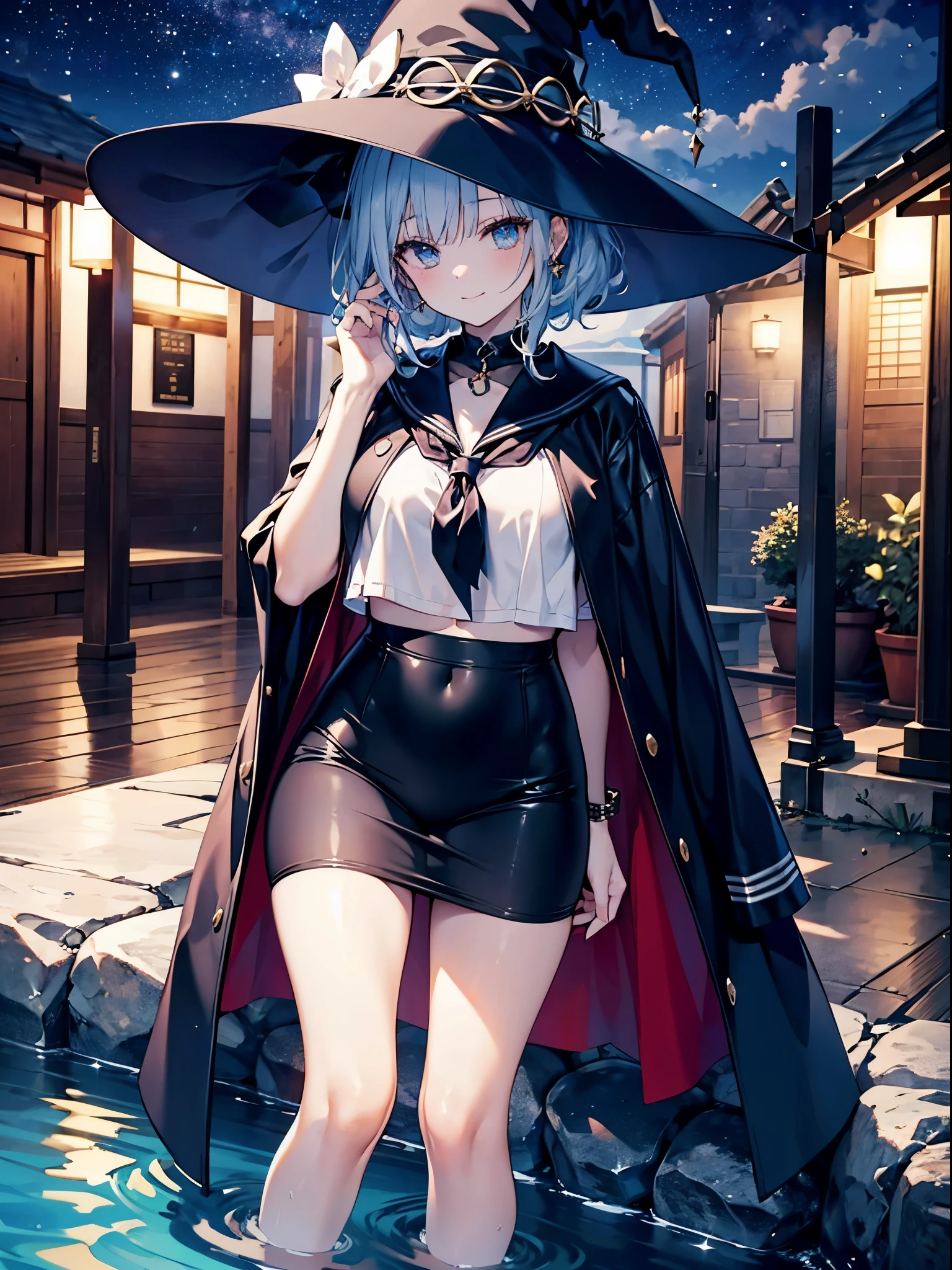 This is a high-class hot spring inn in a tourist destination in Japan.、Beautiful rock open-air bath、It's night now、the stars are beautiful、Woman wearing a large black witch hat with sapphire accessories、wearing a long black coat、She wears a sailor suit、she is wearing a checked skirt、Tight leggings that cover half of your thighs、beautiful skin knees、Beautiful calves、bare-legged、Short, pure white loose lob hair、small tits、Outstanding smile