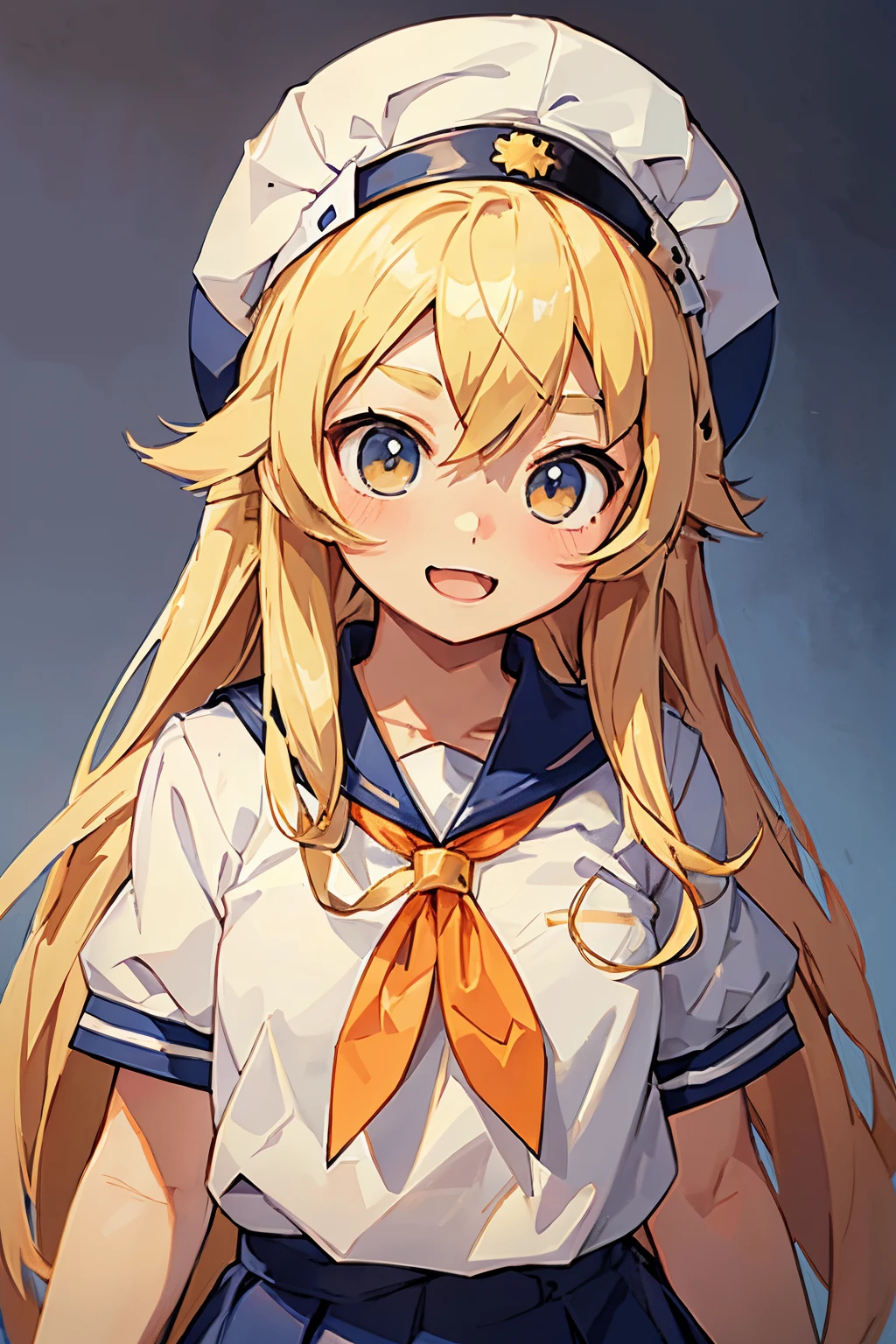 shoot from front,View from the front、white backgrounid、1girl in, Solo, Open your mouth wide to the maximum、a sailor suit、student clothes、Maid Cap、thin lipss、Long blonde hair and white shirt, anime look of a cute girl, Blonde anime girl with long hair, cheely smile, Beautiful high school student anime girl, anime visual of a young woman, extremely cute anime girl face, Best Girl Anime