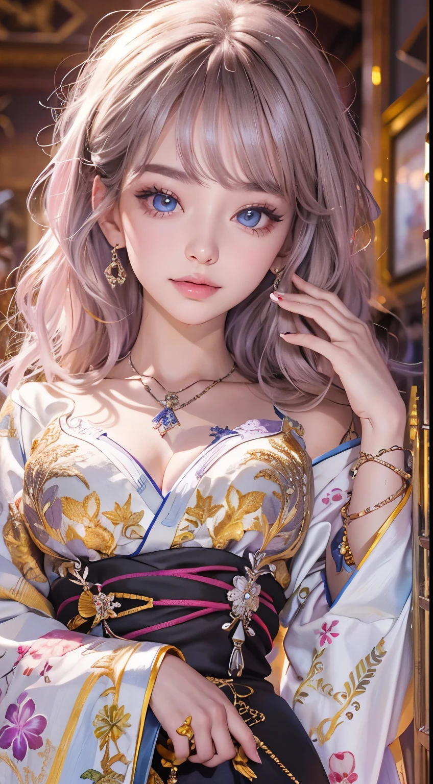(masterpiece)、(top-quality)、(Realistic)、Charming daughter、Portrait of a beautiful girl、1girl in、Beautiful clear eyes and detailed eyes、Glitter eyes、Shining Ace Perfect、Perfect eyes、Perfect iris、Perfect lips、perfect teeth、flawless skin、Beautiful nose、Beautiful mouth、beautiful lip skin、portrait shooting、Professional artwork、in 8K、Photorealsitic、luxurious embroidery kimono、Elegant face、perfect anatomia、Perfect female body:1.4、Ultra-realistic painting:1.4、Ultra-precision painting:1.4、nffsw:1.4、corporate offices、Raw photography、a necklace、耳环、magnifica、Breast size is F cup、finger is five、odd eye