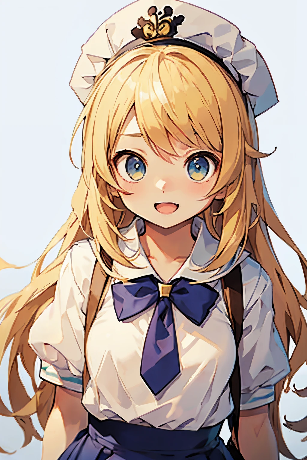 shoot from front,View from the front、white backgrounid、1girl in, Solo, Open your mouth wide to the maximum、a sailor suit、student clothes、Maid Cap、thin lipss、Long blonde hair and white shirt, anime look of a cute girl, Blonde anime girl with long hair, cheely smile, Beautiful high school student anime girl, anime visual of a young woman, extremely cute anime girl face, Best Girl Anime