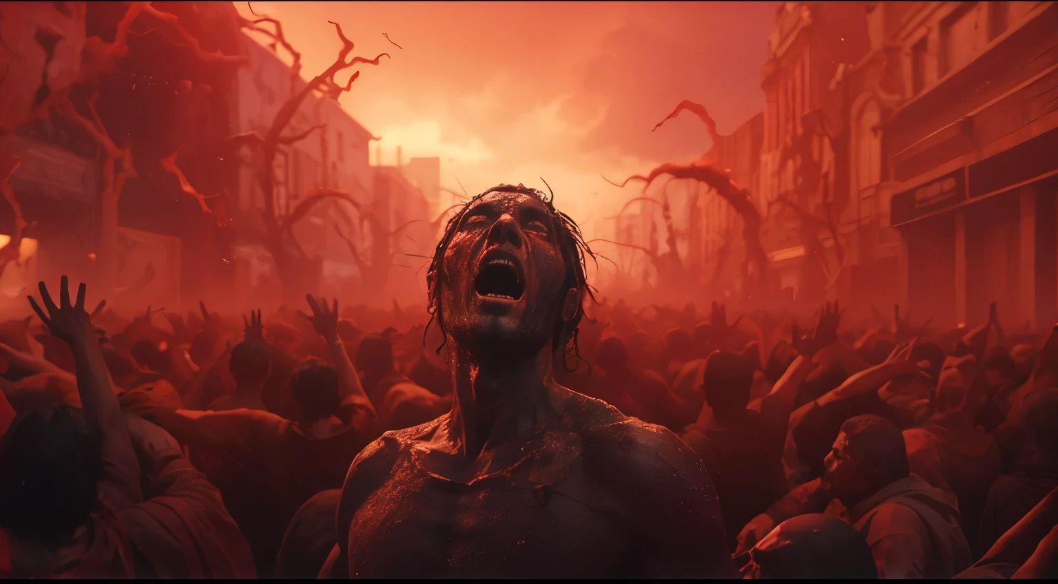 a man standing in front of a crowd of zombies, cosmic horror concept art, still image from tv series, logo without text, inspired by Alejandro Burdisio, photoreal render, devouring the human soul, red sprites in the atmosphere, cult of the lamb, connectedness, flood, cinematic closeup