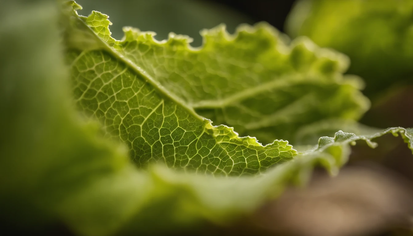 a detailed macro shot of the delicate, lacy edges of a lettuce leaf, highlighting the intricate patterns and unique characteristics of each leaf