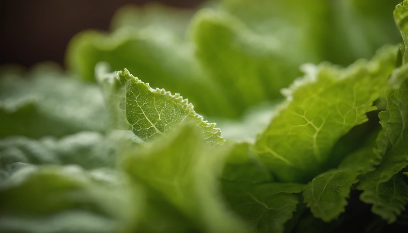 a detailed macro shot of the delicate, lacy edges of a lettuce leaf, highlighting the intricate patterns and unique characteristics of each leaf