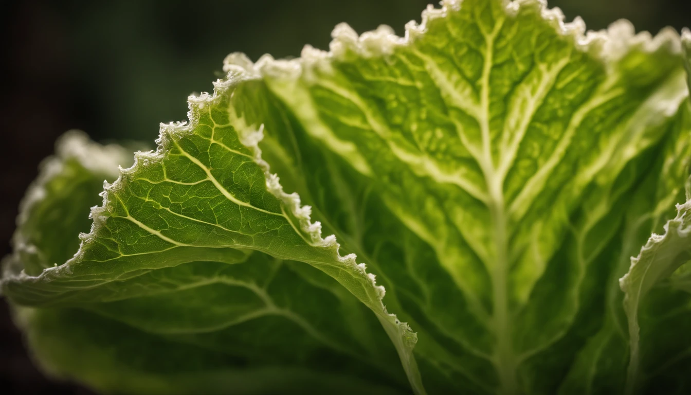 a detailed macro shot of the delicate, lacy edges of a lettuce leaf, highlighting the intricate patterns and unique characteristics of each leaf