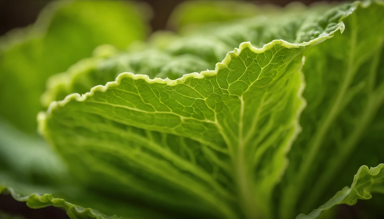a detailed macro shot of the delicate, lacy edges of a lettuce leaf, highlighting the intricate patterns and unique characteristics of each leaf