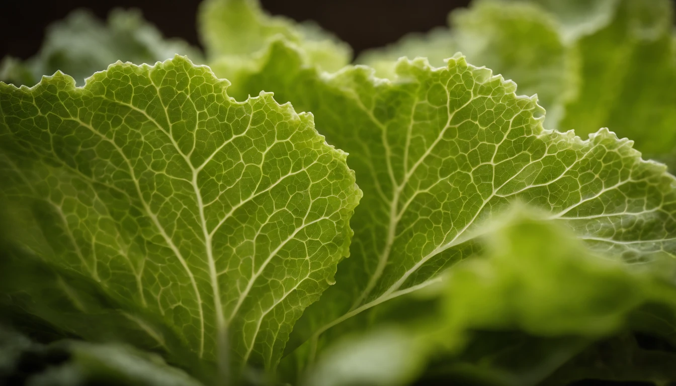 a detailed macro shot of the delicate, lacy edges of a lettuce leaf, highlighting the intricate patterns and unique characteristics of each leaf