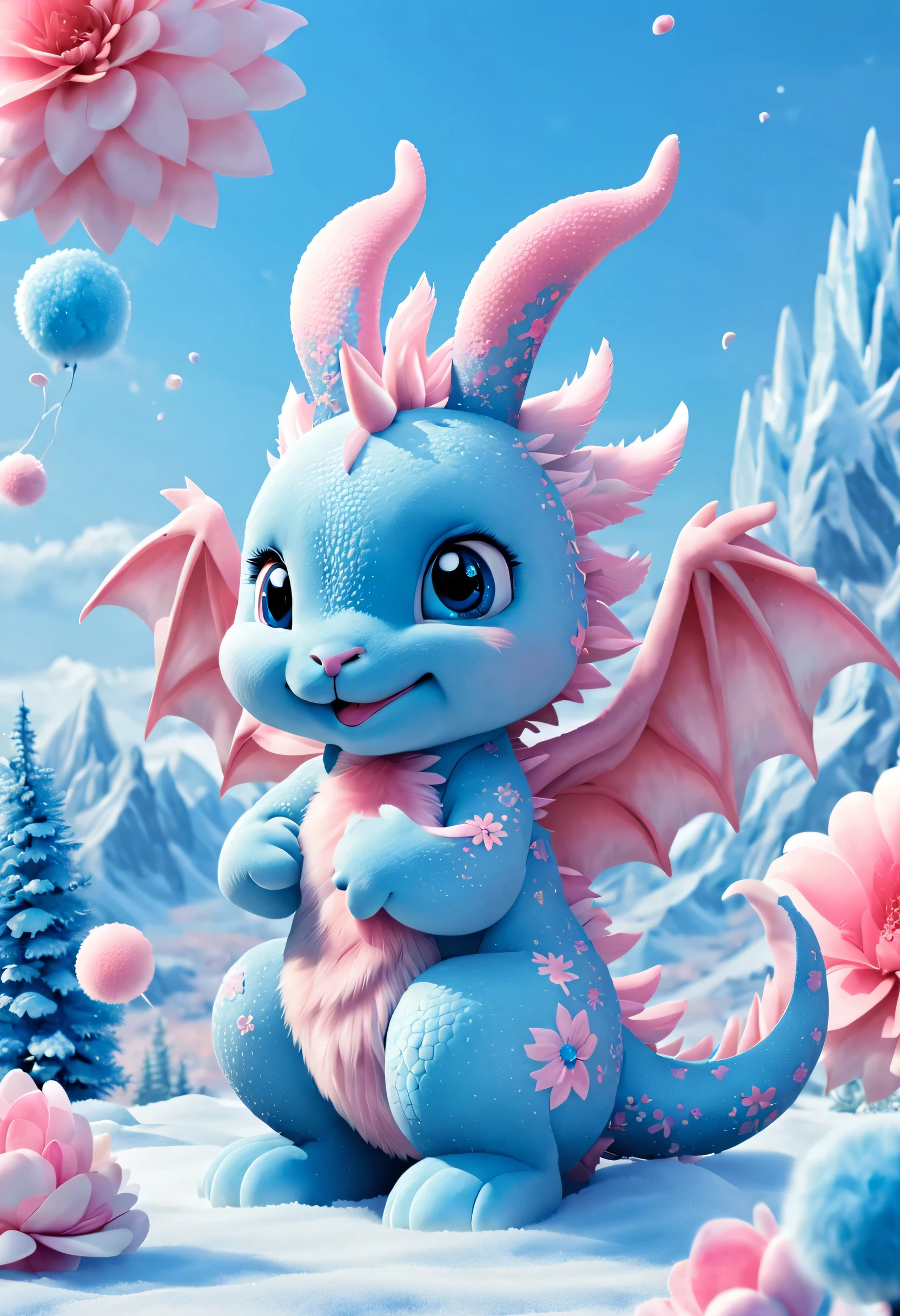 （2024 poster design），Pink and blue as main colors， (Cute and playful blue zodiac dragon is saying goodbye to pink fluffy bunny）,（2024），a happy new year，fresh flowers