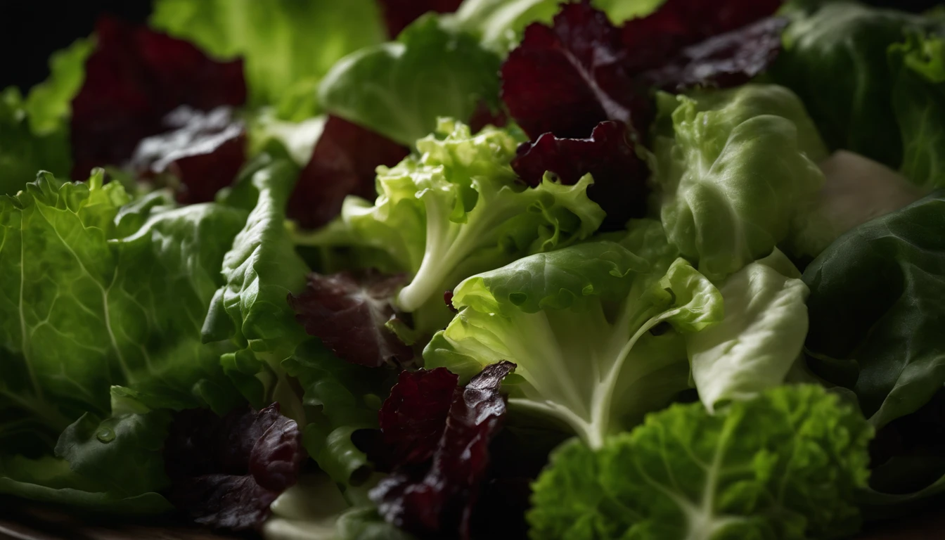 a high-resolution shot of a salad made with various types of lettuce, highlighting the different textures, colors, and shapes of the leaves
