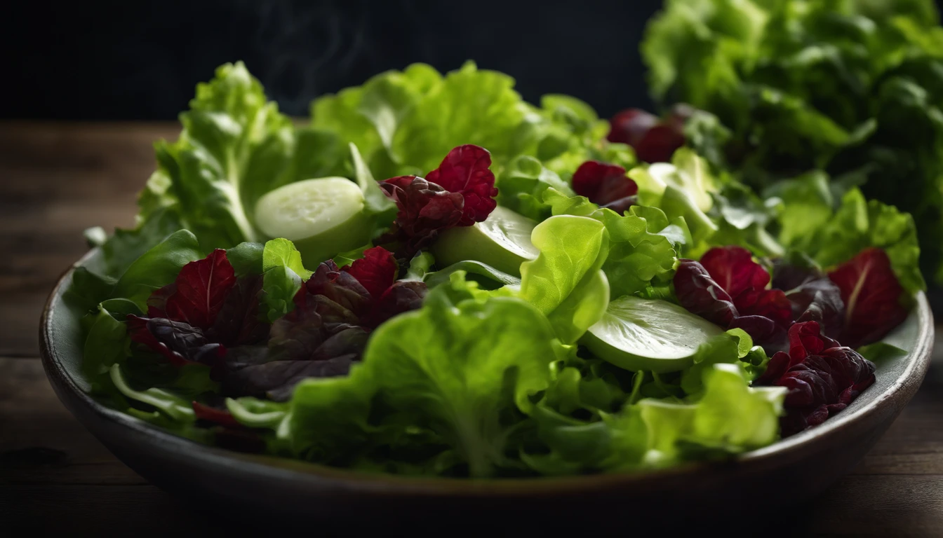 a high-resolution shot of a salad made with various types of lettuce, highlighting the different textures, colors, and shapes of the leaves