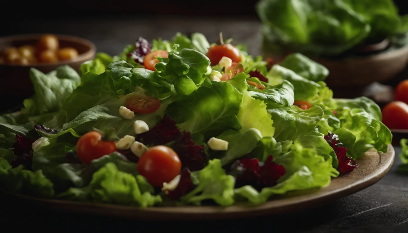 a high-resolution shot of a salad made with various types of lettuce, highlighting the different textures, colors, and shapes of the leaves