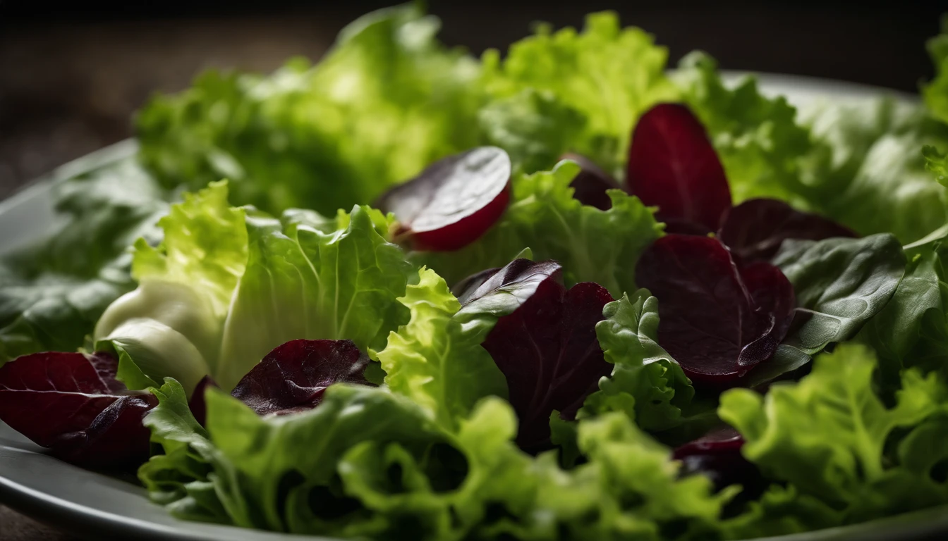 a high-resolution shot of a salad made with various types of lettuce, highlighting the different textures, colors, and shapes of the leaves