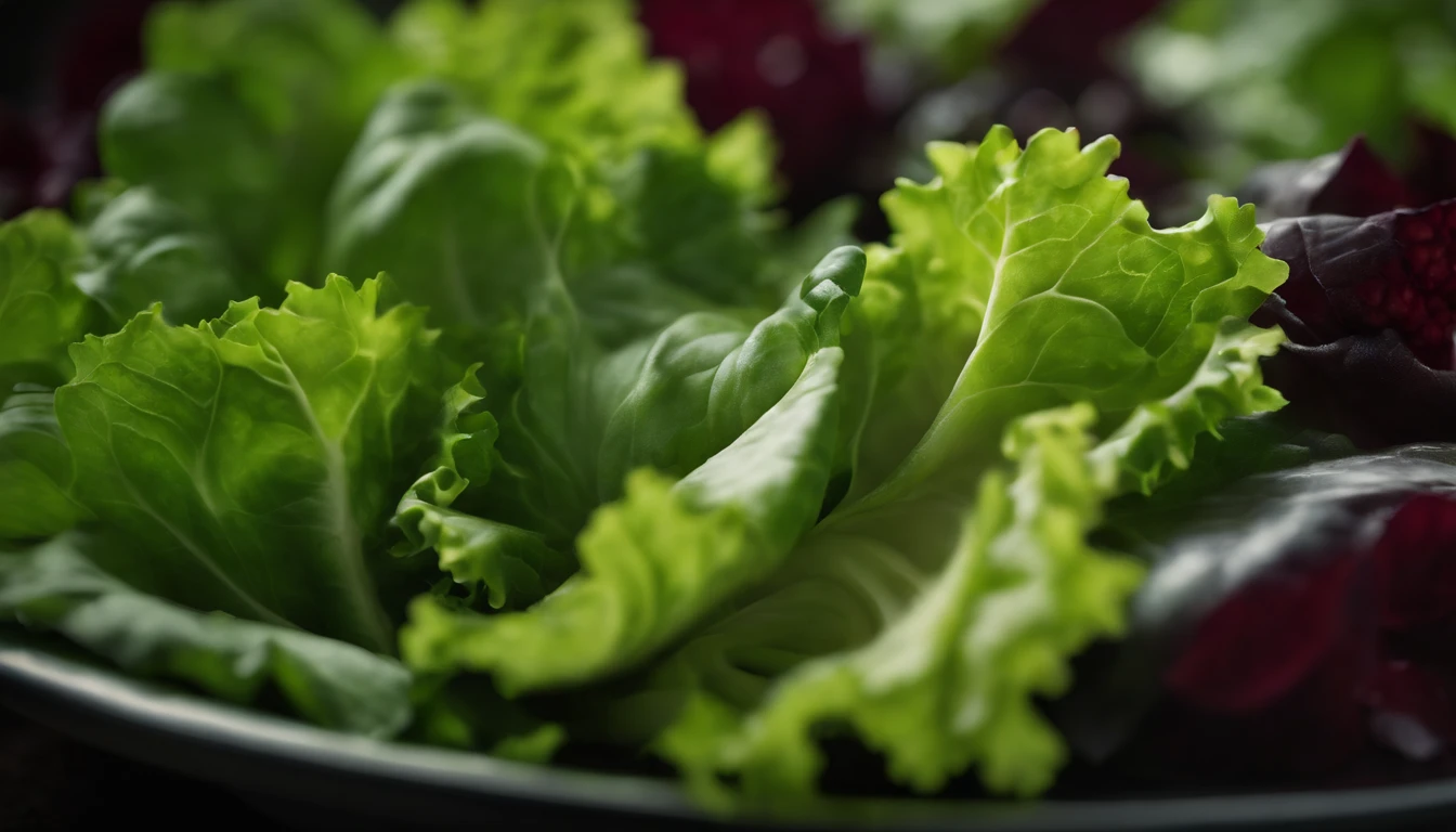 a high-resolution shot of a salad made with various types of lettuce, highlighting the different textures, colors, and shapes of the leaves