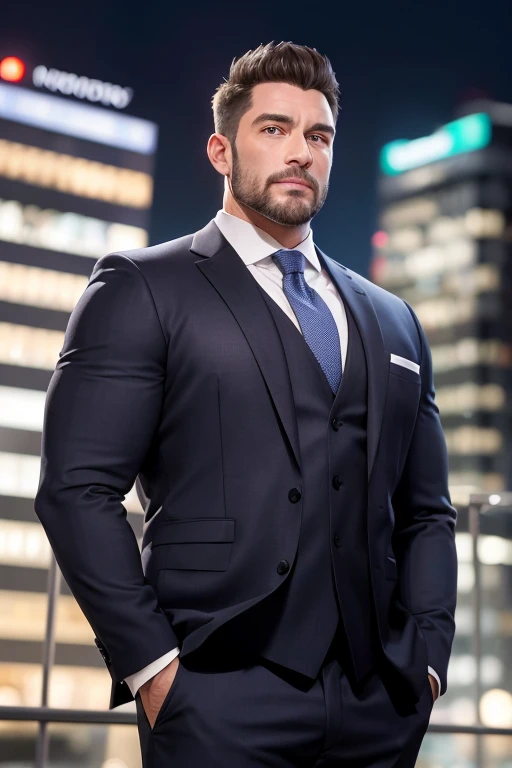 (absurderes、hight resolution、ultra-detailliert、realisitic、)、1 male、独奏、Adults、mature、Tall and muscular man、broad shoulder、a handsome、extra very short hair、A dark-haired、brown-eyed、sharp jaws、thick neck、Well-formed eyebrows、natta、murky、City night view background、formal suit、neck tie、The upper part of the body、20s to 30s