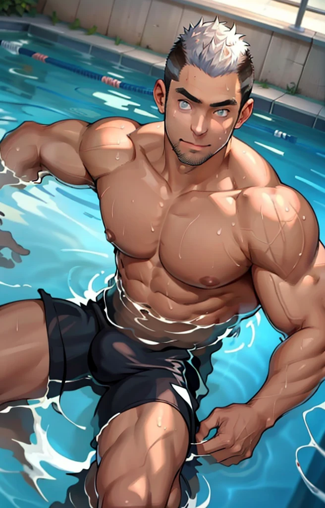 masterpiece, best quality, face, natural eyes, 1man, european, big feet, , large bulge, long legs, looking at viewer, 35 years old, muscled and mature, short haircut, a swimmer swimming in the swimming pool, indoor swimming pool, open chest, naked, flush, organism, face covered with white fluids, sweating, tight cloth, erecting,