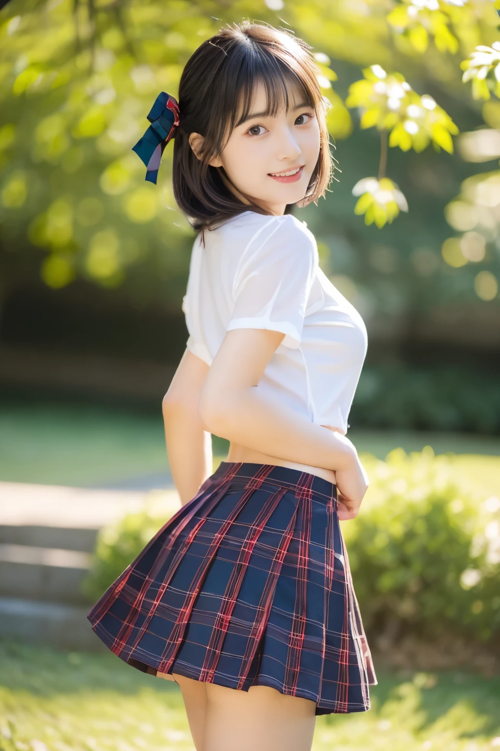 (((​masterpiece))), (((Full body photo)))， (One beautiful Japan girl, classmates, landscape and innocence，kawaii) ，超A high resolution, Realistic, ultra-detailliert, 8K,top-quality, Extremely detailed, Detailed background,A slender,very beautiful japanese girl, Detailed face:1.3), (Bery short hair，Cute Hair Ornament，A dark-haired :1.4), (a ，kawaii系,adorable 14 year oPerfect body:1.1),  (Neat sailor suit，Dark blue mini skirt、Dark blue high socks、lowfers), on the grass in the park，Requisitioning smile,Please show me your beautiful teeth,((Focus on the crotch，The skirt is rolled up、Panties are visible，Underwear is sheer))，Looking Back、sexy  pose，rosy cheeks，Super Detailed Face、Detailed lips、A detailed eye、small gravure idol，Transparent skin、lolita，japanese hight school uniform，Shade，Under a big tree，Photorealistic:1.37，no-makeup，Neutral Lighting，((posterior view))、Enlarge the buttocks、Looking up from the ground