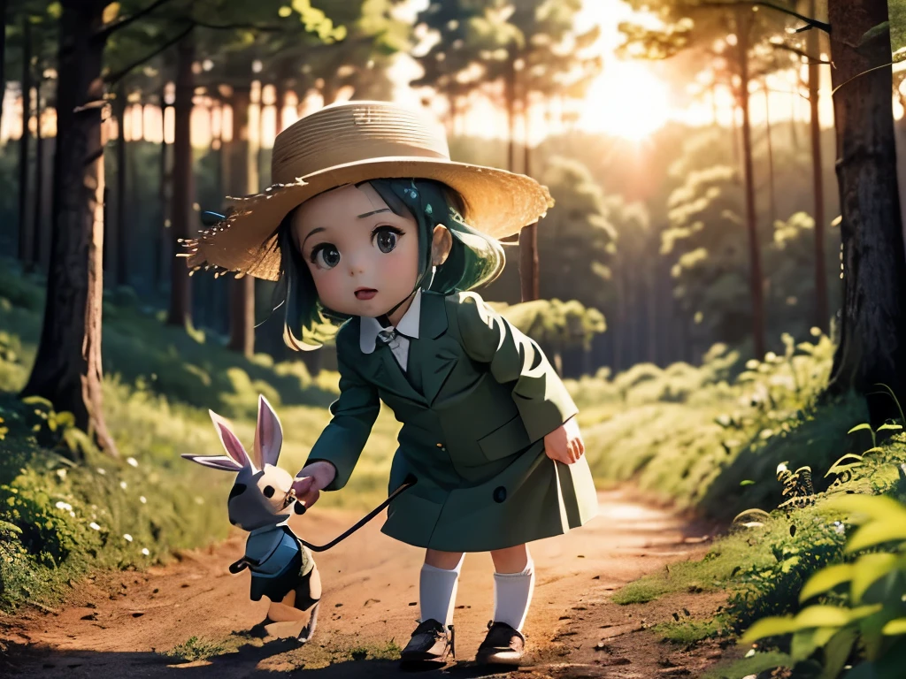 (high quality)(many details)(green dress with white stripes)(straw hat) playing with a cute rabbit(wearing a suit) catching in forest, three butterfly flying through the air, forest clearing, warm colors, sunset