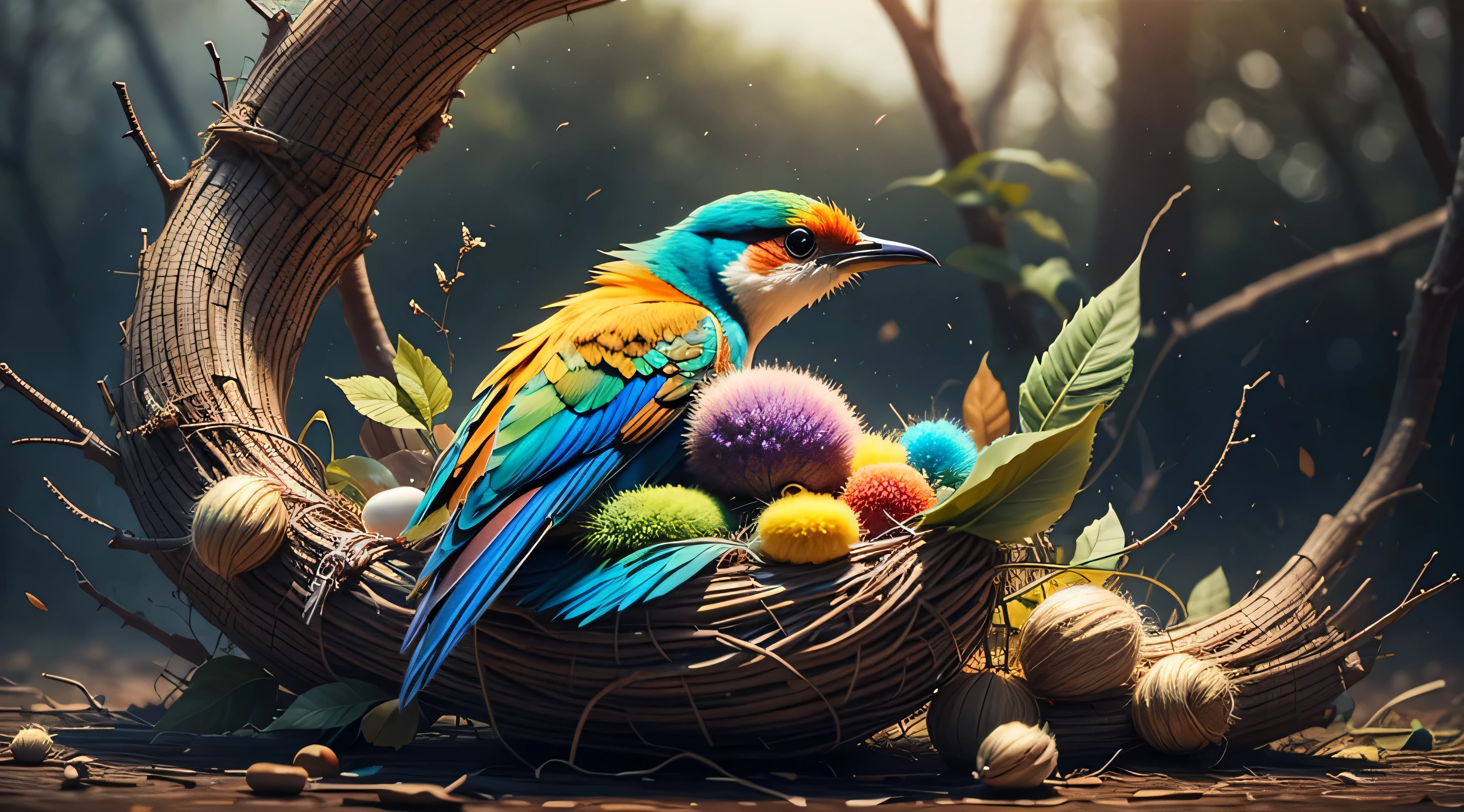colorful bird nest, rainbow, realistic, high quality, sharp focus, high details,