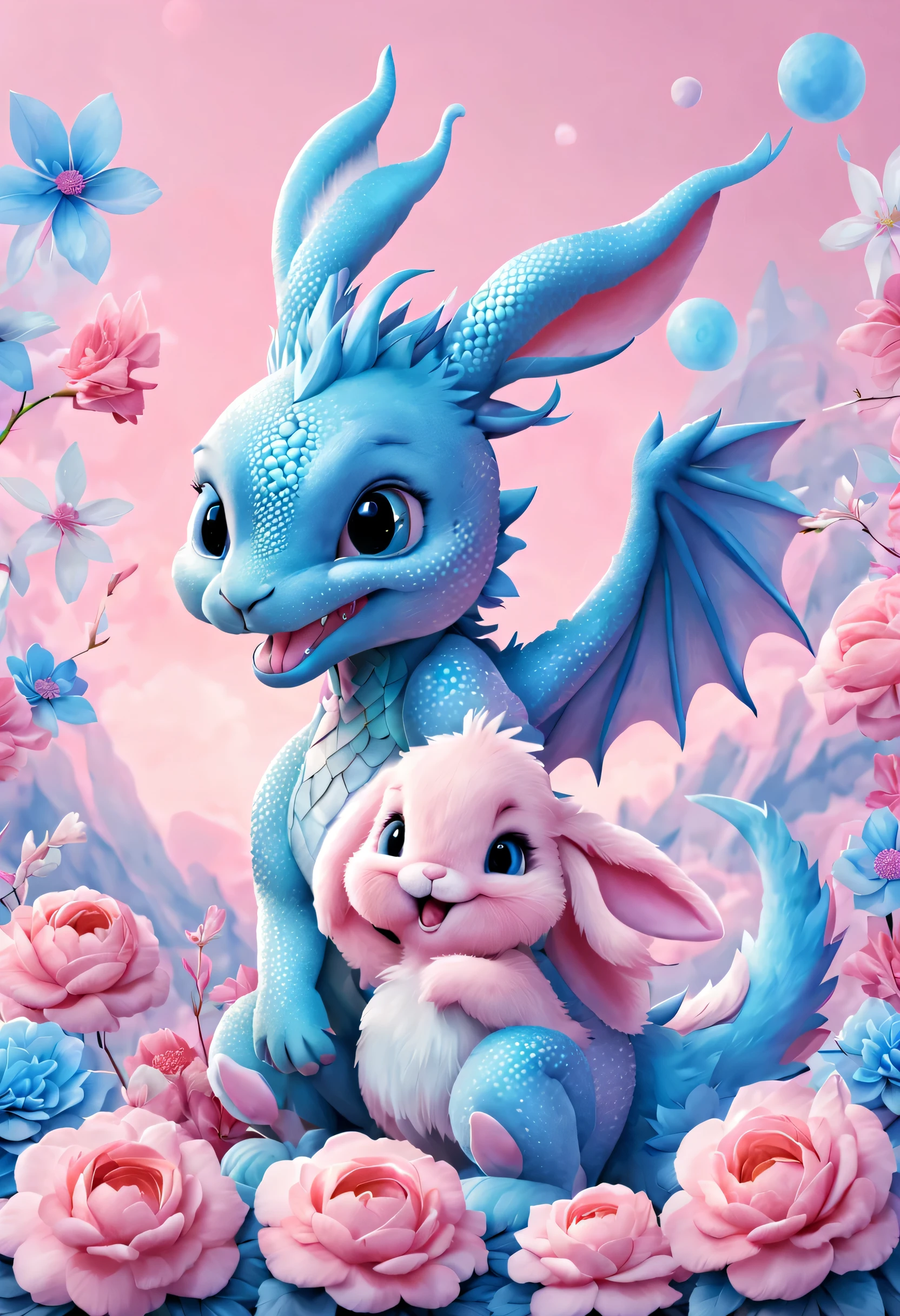 (2024 poster design),Pink and blue as main colors, (Cute and playful blue zodiac dragon is saying goodbye to pink fluffy bunny),(2024),a happy new year,fresh flowers