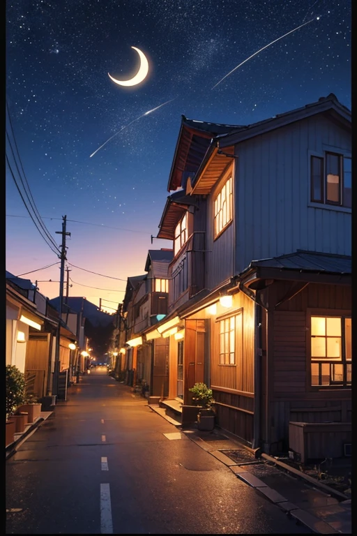 Night view of the city streets，那里有New Moon和云彩, on a clear night sky, 闪亮的New Moon, on a clear magnificent night sky, 背景中的New Moon, Today’s recommended anime is still, animation stills, anime backgrounds, New Moon, during night!!, Screenshot of the 2012 animation, Anime Sky, 2 0 1 9 animation screenshots