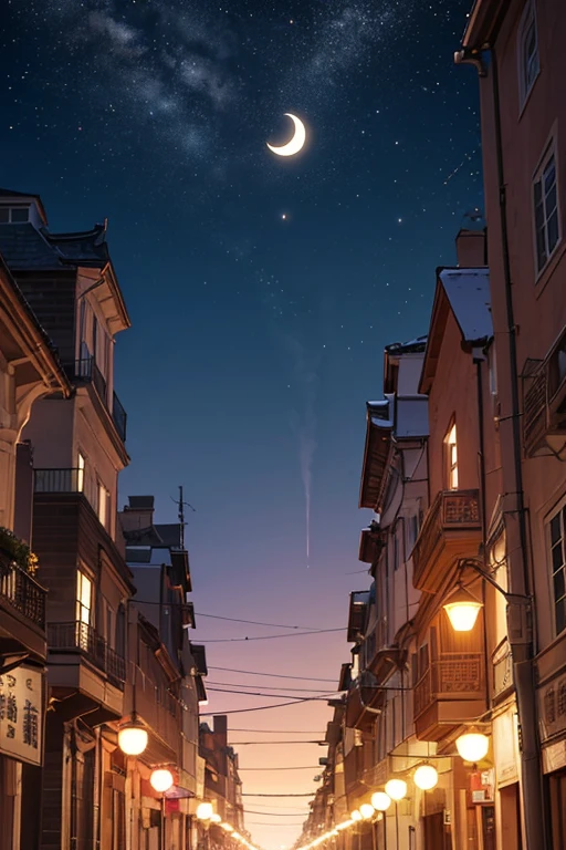 Night view of the city streets,那里有New Moon和云彩, on a clear night sky, 闪亮的New Moon, on a clear magnificent night sky, 背景中的New Moon, Today’s recommended anime is still, animation stills, anime backgrounds, New Moon, during night!!, Screenshot of the 2012 animation, Anime Sky, 2 0 1 9 animation screenshots