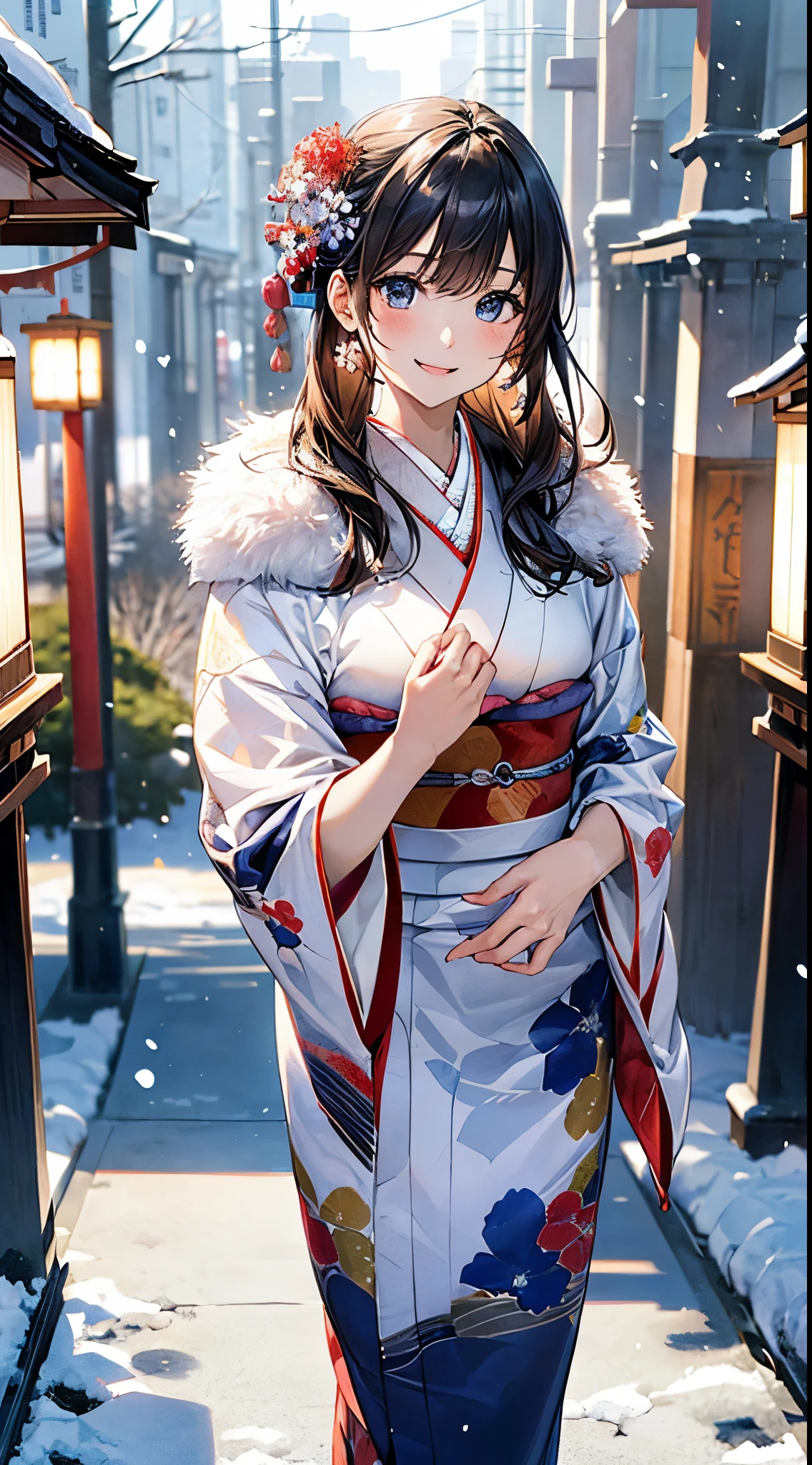((perfect anatomy, anatomically correct, super detailed skin)),
1 girl, japanese, high school girl, shiny skin, large breasts:0.5, looking up, watching the view,
beautiful hair, beautiful face, beautiful detailed eyes, (middle hair:1.5, japanese hair:1.5), black hair, blue eyes, babyface, mole under eye,
(((dark blue kimono, luxury floral kimono, fur muffler), hair ornament)),
((smile:1.5, open your mouth wide)), walking, holding a drawstring,
(beautiful scenery), winter, dawn, (new year's day, first visit), hokkaido, sapporo, outside hokkaido shrine, crowd, snow, snowfall:1.5, freezing weather, frost,
(8k, top-quality, masterpiece:1.2, extremely detailed), (photorealistic), beautiful art, visual art, depth of fields, natural lighting,
