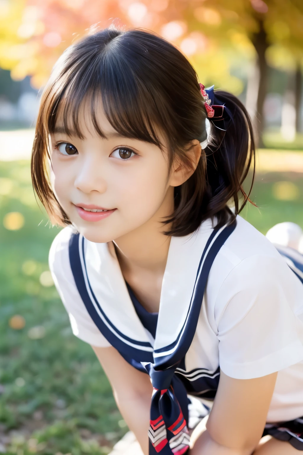 (((masterpiece))), (((Full body photo))), (One beautiful Japan girl, Innocence,kawaii) ,超A high resolution, Realistic, ultra-detailliert, 8K,top-quality, Extremely detailed, Detailed background,A slender,very beautiful japanese girl, Detailed face:1.3), (short-haired,I tie my hair short and put it up..,Cute Hair Ornament,A dark-haired :1.4), (a baby face,kawaii系,adorable 10 year old girl), (Perfect body:1.1), (White shirt,Red plaid mini skirt、Dark blue high socks、lowfers), Provocative smile,Show your beautiful teeth,((Focus on the crotch,I can see the panties)),sexy pose,rosy cheeks,Sitting on the lawn,Super Detailed Face、Detailed lips、A detailed eye、small gravure idol,Transparent skin、ta,japanese hight school uniform,Photorealistic:1.37,no-makeup,Gentle autumn scenery