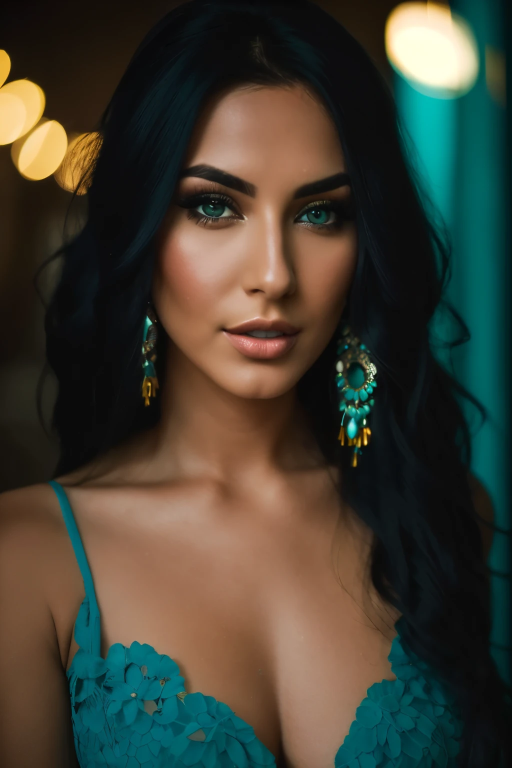 a close up of a woman with long black hair wearing a blue dress, photo of a beautiful woman, gorgeous woman, portrait of a beautiful model, teal lights, turquoise eyes, gorgeous beautiful woman, gorgeous latina face, sexy face with full makeup, beautiful mexican woman, exotic eyes, turqouise, soft portrait shot 8 k, beautiful female model, turquoise