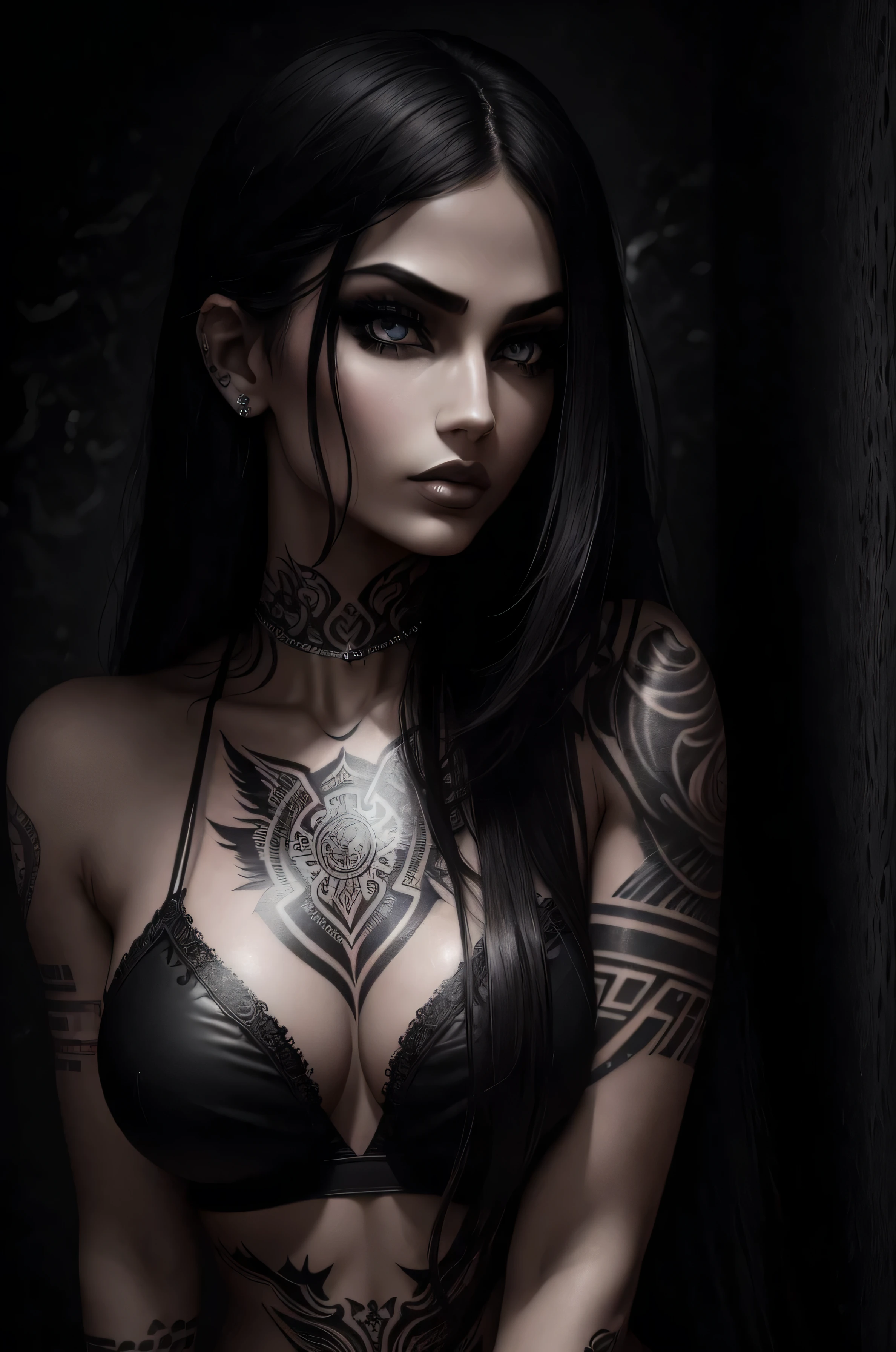 ,beautiful detailed eyes,beautiful detailed lips,tattooed arm,body art,tattoo on thigh,tattooed back,tattooed neck,dark hair,long straight hair,sultry look, expression,provocative pose,colorful lighting,high contrast,black and white photography,glamorous style,edgy and artistic feel,gritty atmosphere,inked skin,seductive gaze,confident attitude,rock and roll vibe,grunge background