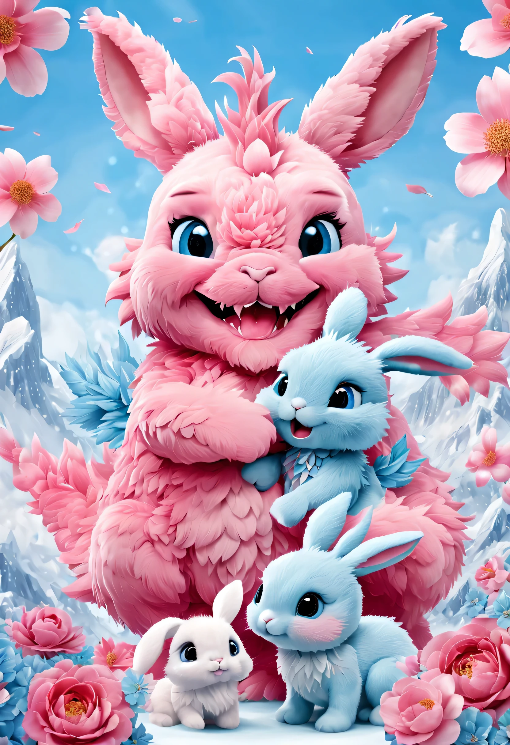 (new year 2024's day poster design),Pink and blue as main colors, (Cute and playful blue zodiac dragon is saying goodbye to pink fluffy bunny),(2024),a happy new year,fresh flowers
