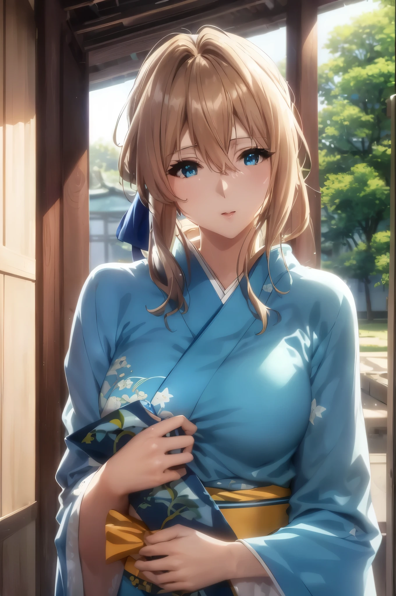 masuter piece, Best Quality, 超A high resolution, top-quality, Anime style, The best lighting, Beautiful face, The upper part of the body, 独奏, Violet_Evergarden, a blond, jewely, a blondのアップド, bow ribbon, aqua eyes, (Light blue kimono:1.3), (blue obijime:1.2), Emeraude, morning sunlight, a temple background, (Face Focus:1.Put your hands on your chest:1.3)