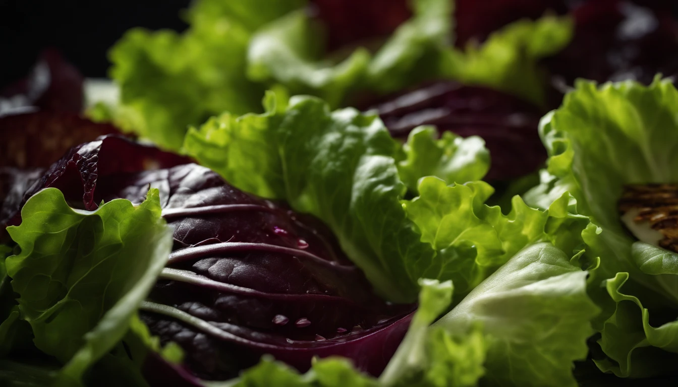 a high-resolution shot of a salad made with various types of lettuce, highlighting the different textures, colors, and shapes of the leaves