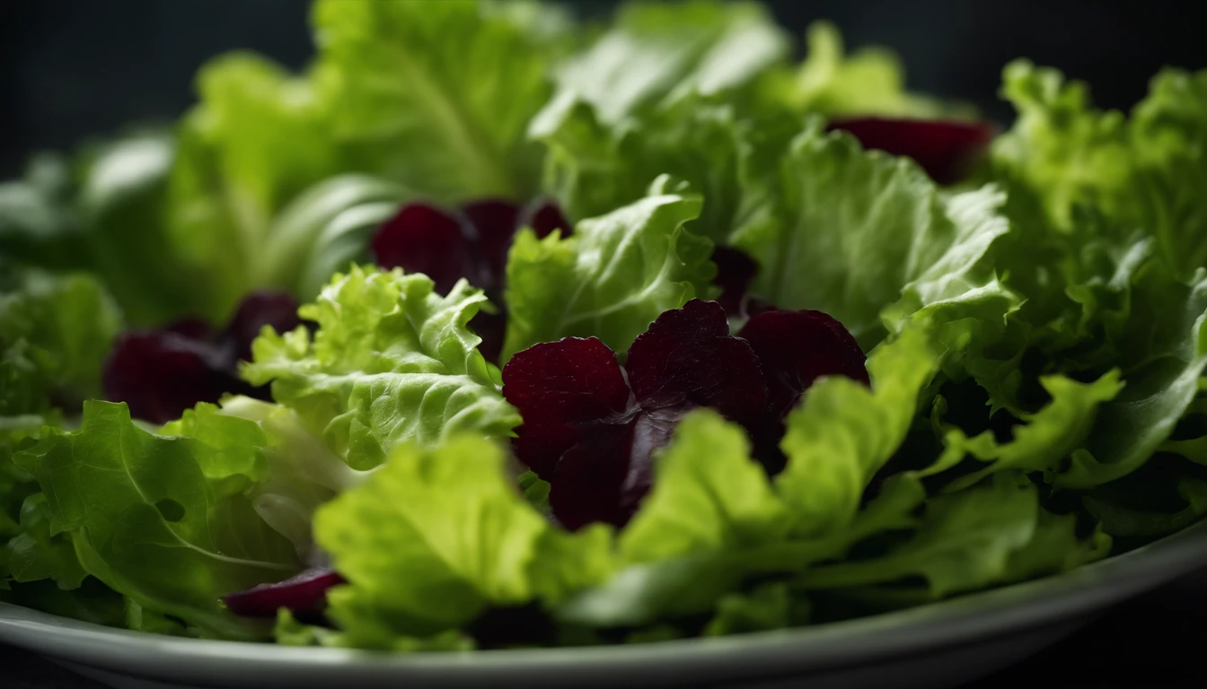 a high-resolution shot of a salad made with various types of lettuce, highlighting the different textures, colors, and shapes of the leaves