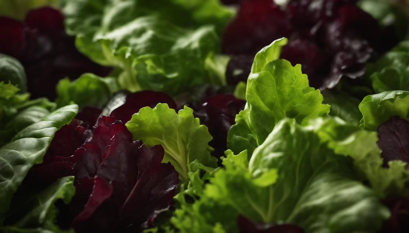 a high-resolution shot of a salad made with various types of lettuce, highlighting the different textures, colors, and shapes of the leaves