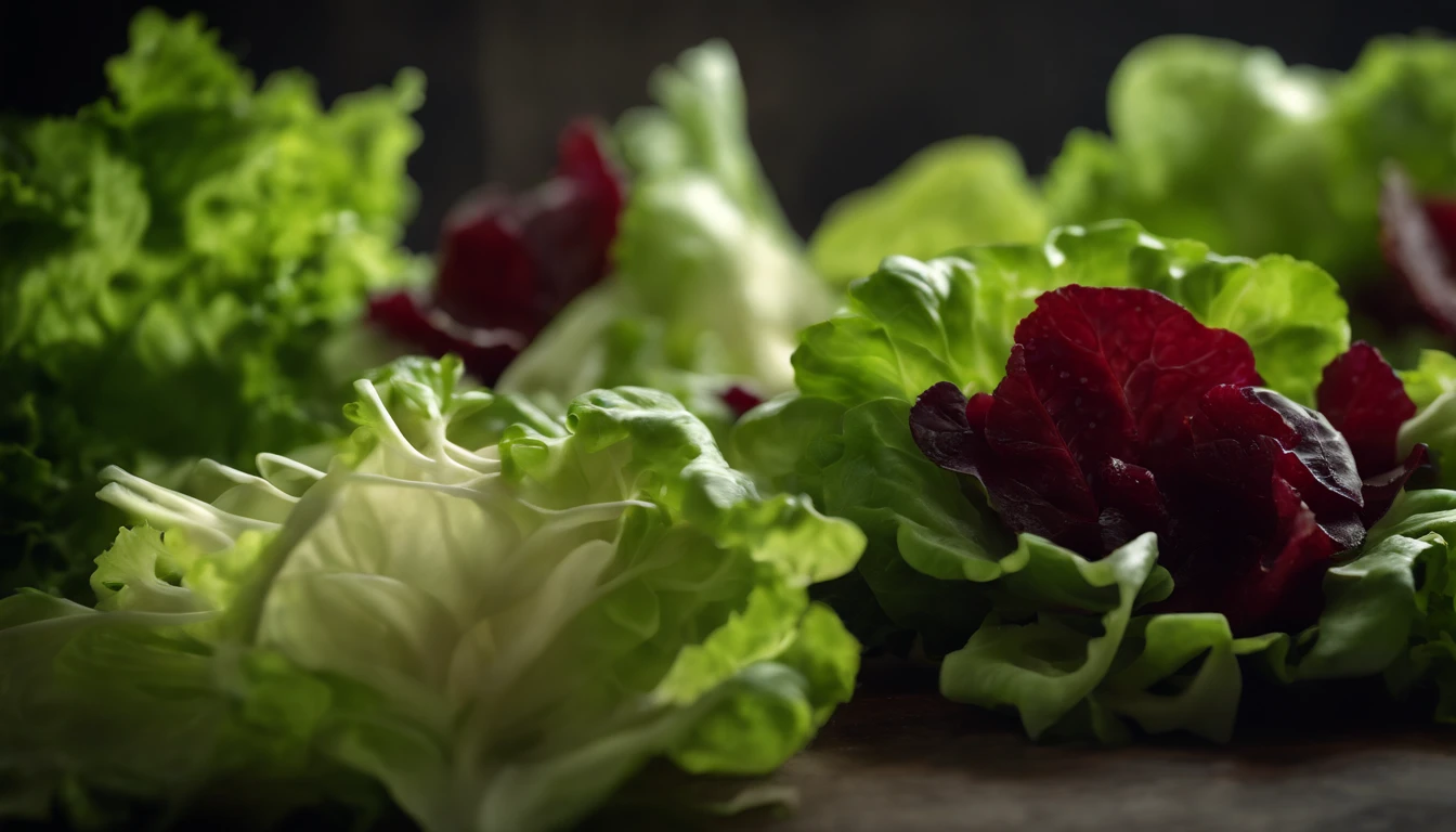 a high-resolution shot of a salad made with various types of lettuce, highlighting the different textures, colors, and shapes of the leaves