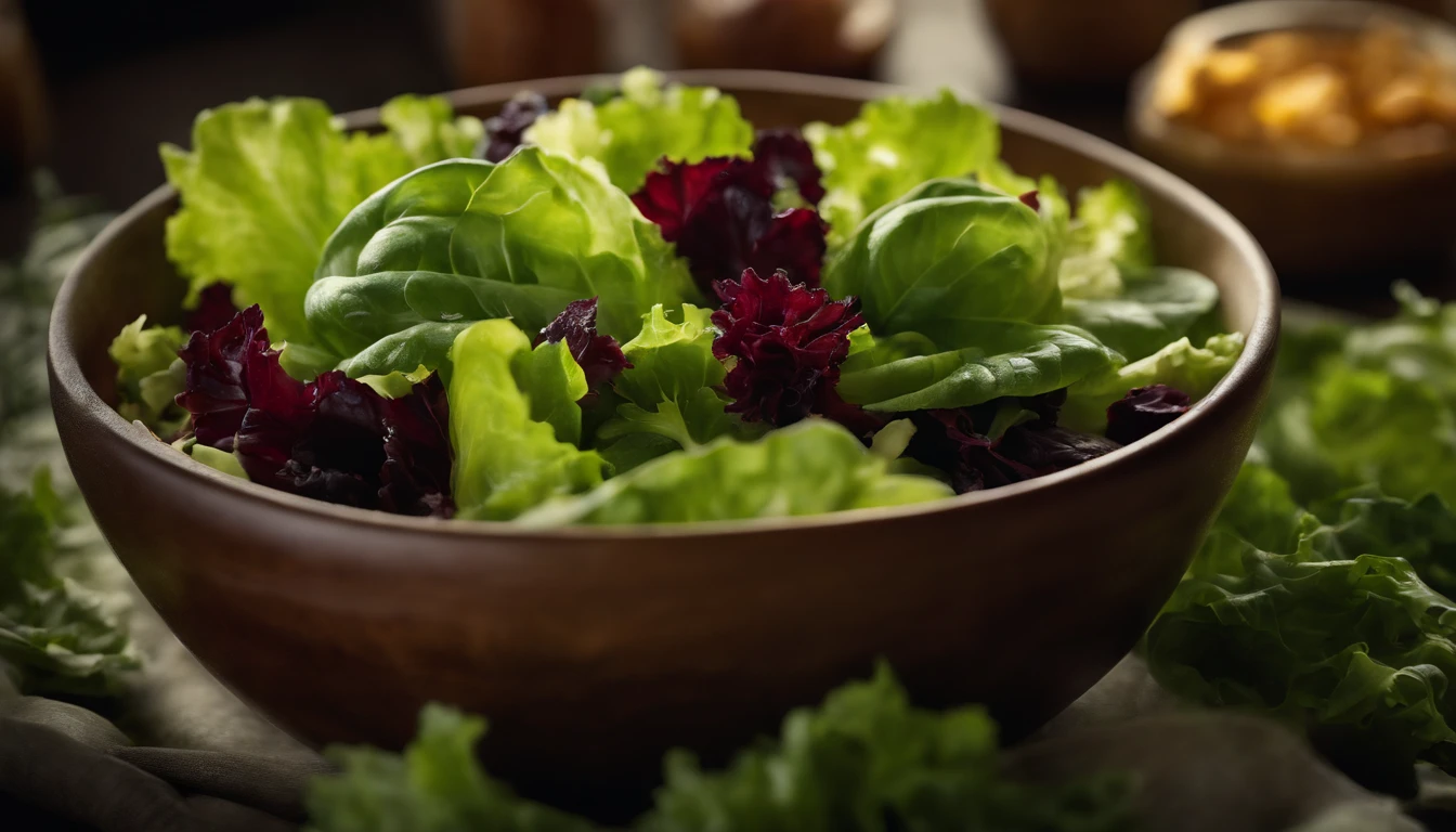 a high-resolution shot of a salad made with various types of lettuce, highlighting the different textures, colors, and shapes of the leaves