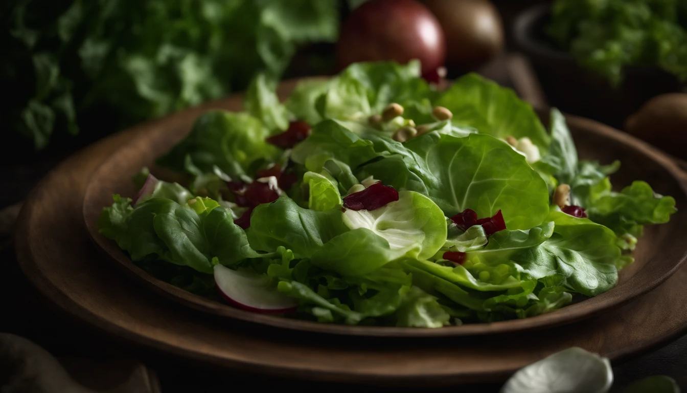 a high-resolution shot of a salad made with various types of lettuce, highlighting the different textures, colors, and shapes of the leaves