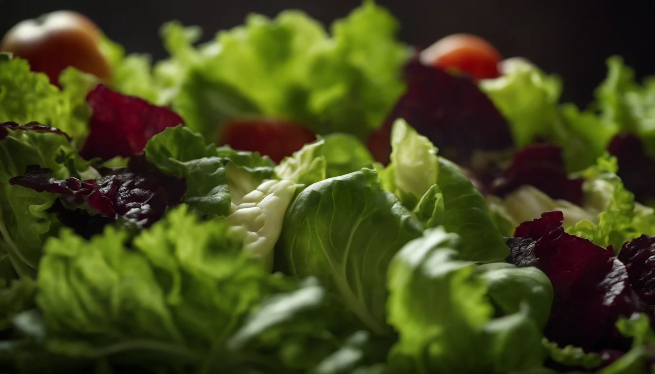 a high-resolution shot of a salad made with various types of lettuce, highlighting the different textures, colors, and shapes of the leaves