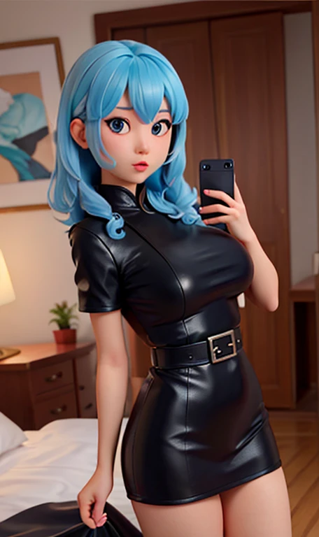 sexy young Chinese girl with huge boobs taking a selfie, curly long light blue hair, black eyes, looking at viewer, black leather clothes, black leather robe