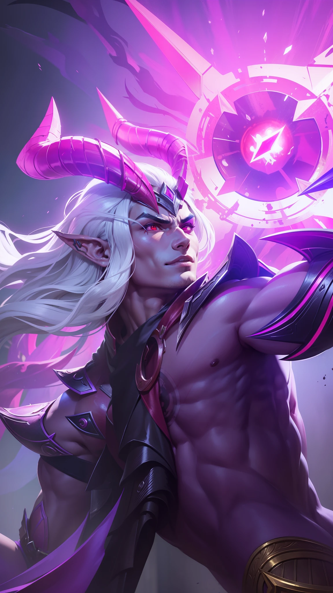 Boy with two big horns, big earrings on ears, elf ear, red eyes, Thick eyebrows, evil, grinning,red body, red face, Burning skin, yellow diamonds glistening on chest, burning red skin,golden robe behind, big white belt , 8k , realistic, scary, close-up of a person wearing a gold costume with a spear, inspired by Alpha Crimson Warrior, mobile legends splash art, fuchsia skin under armor, official splash art, shaco from mobile legends, mobile legends style, splash art, mobile legends splash art legend, iconic character splash art