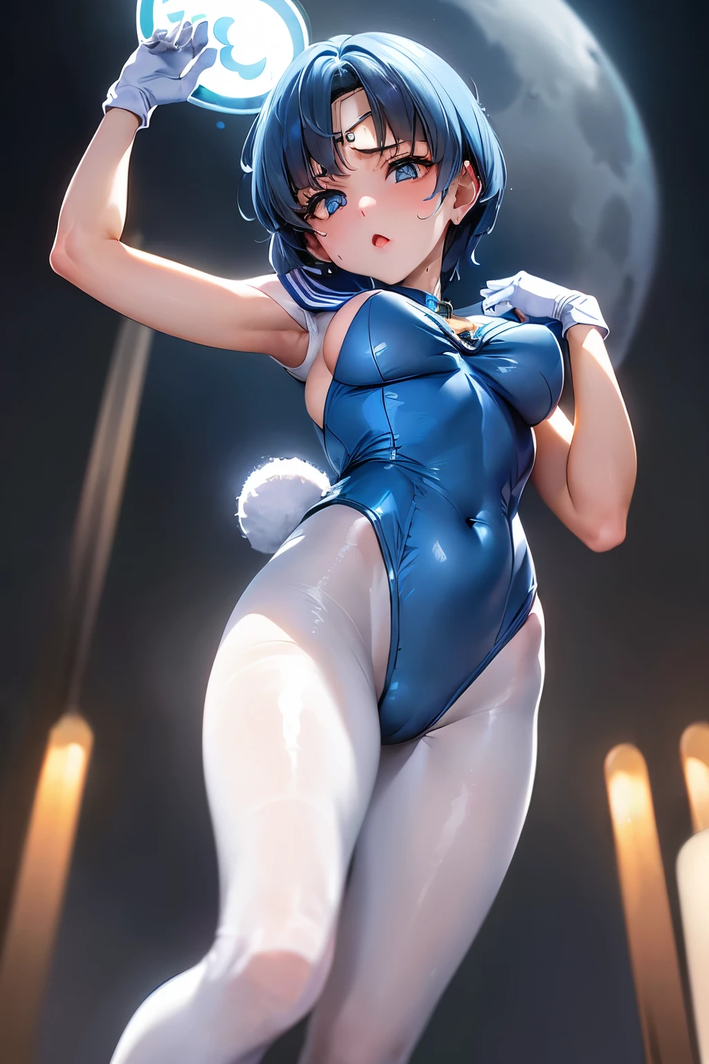 masutepiece, Best Quality, 1girl in, (Sailor Mercury),lightblue hair, (black eyes:1.2),((bunnygirl))、((leotard))、((embarassed expression))、((fullmoon))、((Photo from below))、(((pantyhose)))、((Short Hair Hair))、((White Long Gloves))、((open one's legs))、((rabbitears))、((tiarra))