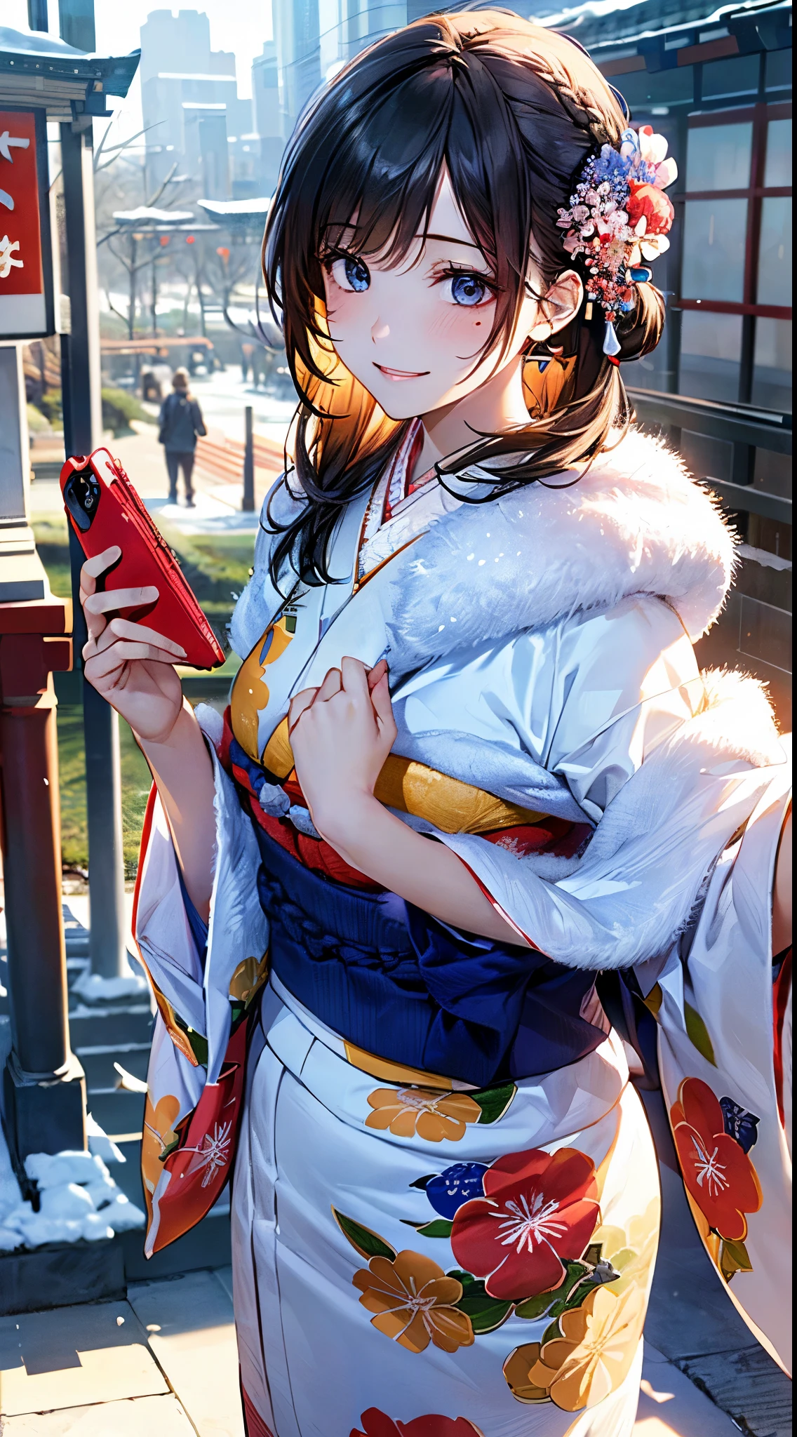 ((perfect anatomy, anatomically correct, super detailed skin)), 
1 girl, japanese, high school girl, shiny skin, large breasts:0.5, looking up, watching the view, 
beautiful hair, beautiful face, beautiful detailed eyes, (middle hair:1.5, japanese hair:1.5), black hair, blue eyes, babyface, mole under eye, 
(((dark blue kimono, luxury floral kimono, fur muffler), hair ornament)), 
((smile:1.5, open your mouth wide)), walking, holding a phone, holding a drawstring, 
(beautiful scenery), winter, dawn, (new year's day, first visit), hokkaido, sapporo, outside hokkaido shrine, crowd, snow, snowfall:1.5, freezing weather, frost, 
(8k, top-quality, masterpiece​:1.2, extremely detailed), (photorealistic), beautiful art, visual art, depth of fields, natural lighting,
