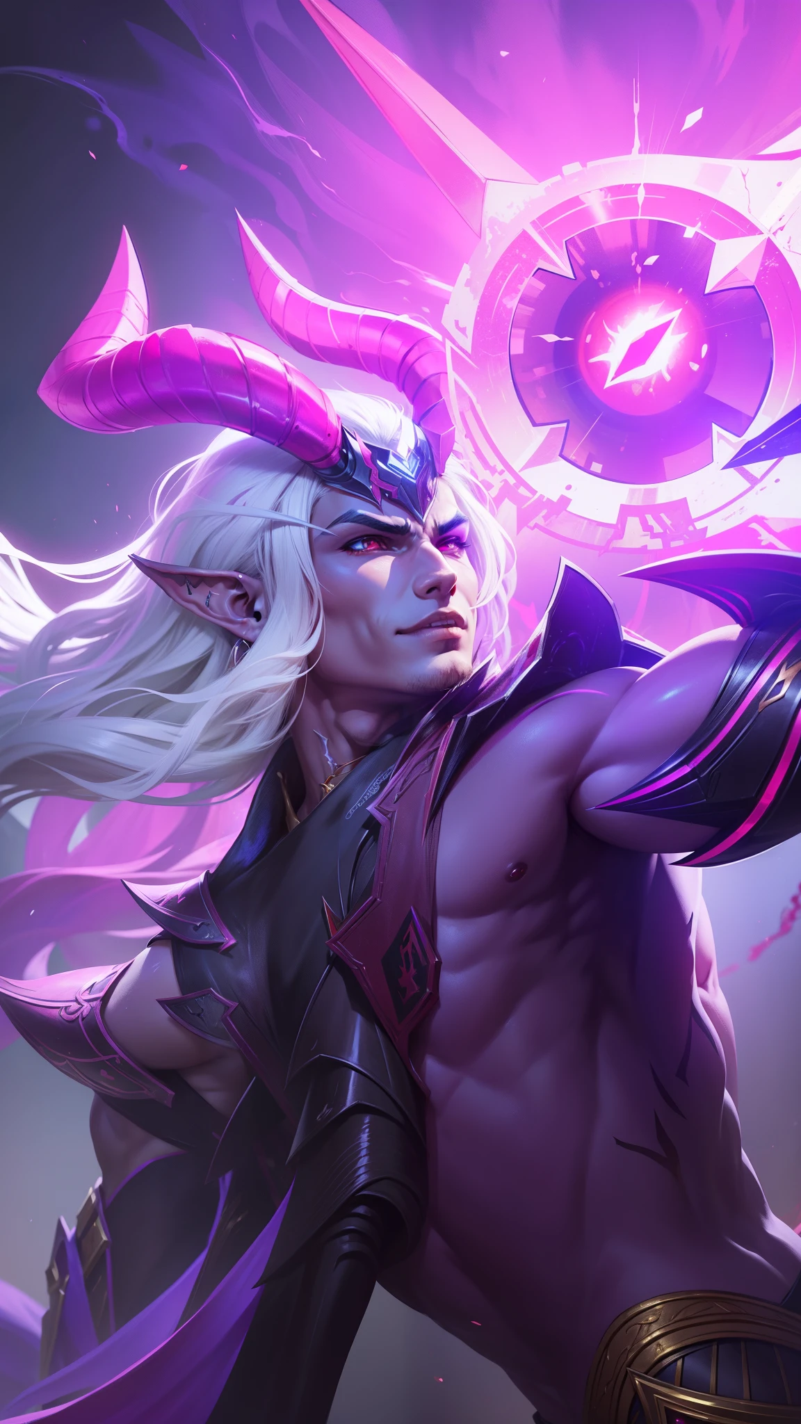 Boy with two big horns, big earrings on ears, elf ear, red eyes, Thick eyebrows, evil, grinning,red body, red face, Burning skin, yellow diamonds glistening on chest, burning red skin,golden robe behind, big white belt , 8k , realistic, scary, close-up of a person wearing a gold costume with a spear, inspired by Alpha Crimson Warrior, mobile legends splash art, fuchsia skin under armor, official splash art, shaco from mobile legends, mobile legends style, splash art, mobile legends splash art legend, iconic character splash art