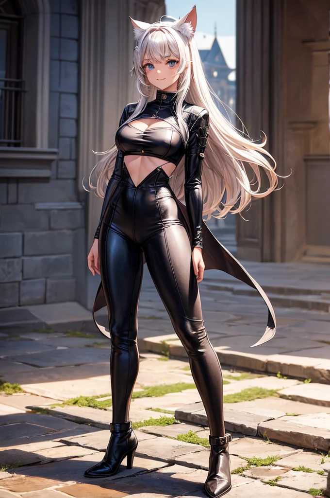 beautiful young female warrior fighter with cat ears on her head, com rosto bem detalhado e bonito, belos olhos, belos olhos, rosto lindo, beautiful young woman wearing long brown leggings with black details, sueter apertado branco, standing in a castle, usando bota preta, cabelo comprido com franja preto, ,orelhas de gato, belo sorriso, tomboy, um pouco musculosa,suter branco com cinta em volta, olhar serio,usando jaqueta de couro apertado preto, coxas grossas e longas pernas, coxas sexy grossas, botas pretas, botas, belas coxas