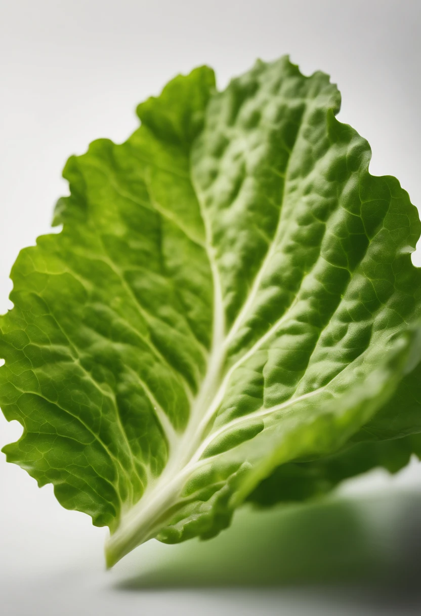 a minimalistic shot of a single lettuce leaf against a clean, white background, allowing the vibrant green color to be the focal point