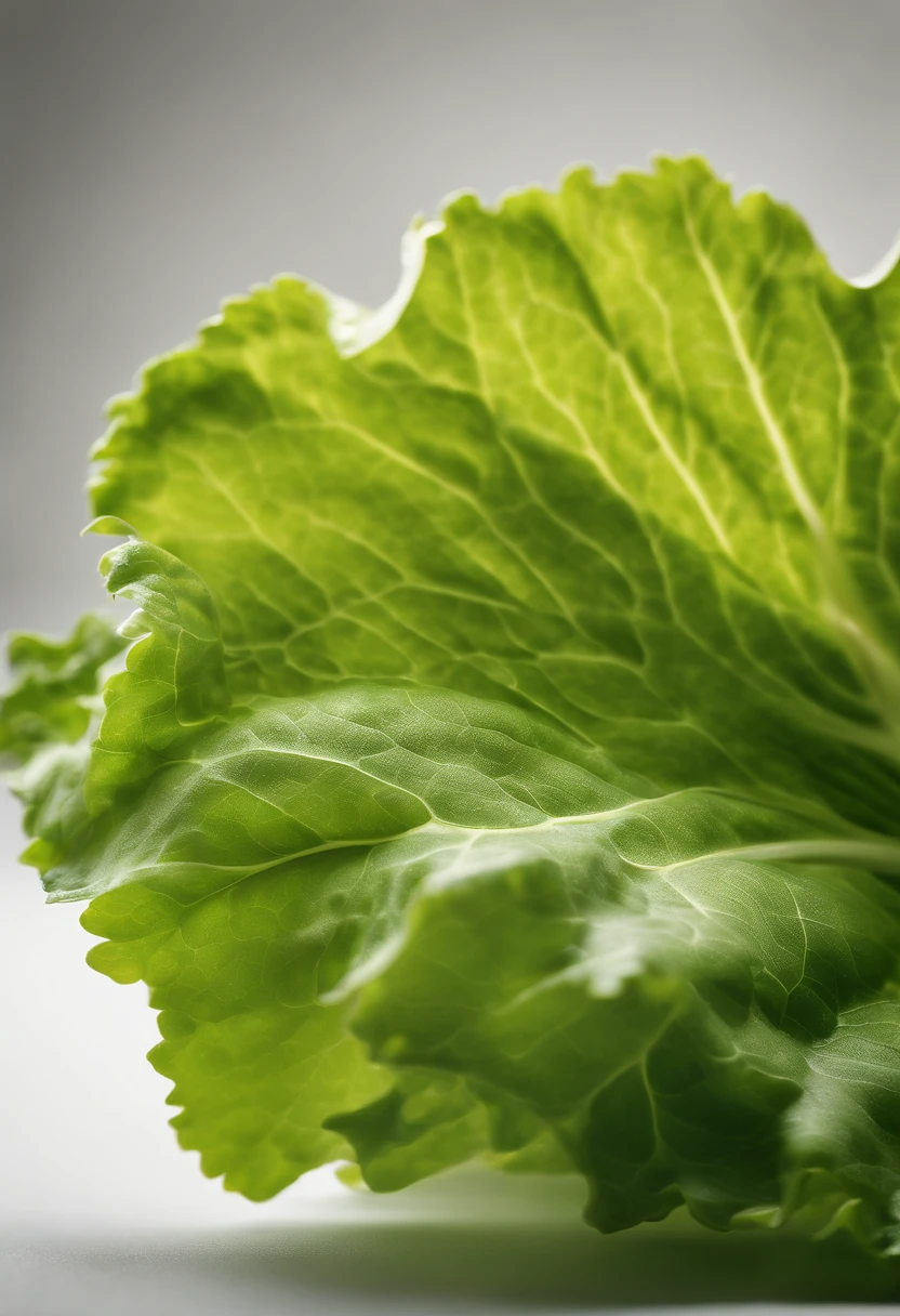 a minimalistic shot of a single lettuce leaf against a clean, white background, allowing the vibrant green color to be the focal point