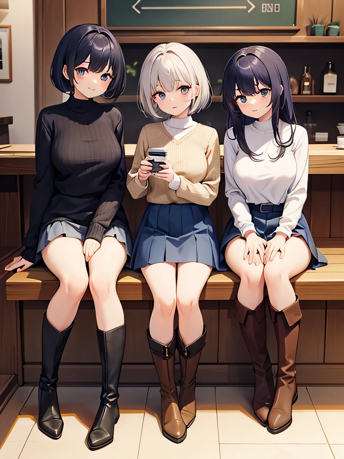 1,three women sitting next to each other.
2,The first woman is wearing a sexy knit and pleated skirt and long boots. her hair is cut short.
3,The second woman was、She is wearing a mini-knit dress with a large bust opening that clearly shows off her body line., and she's wearing long boots. Her hair is semi-long.
4, The third woman is wearing a western shirt, denim miniskirt, and western boots.. Her hair is long.
5,The place is a café.