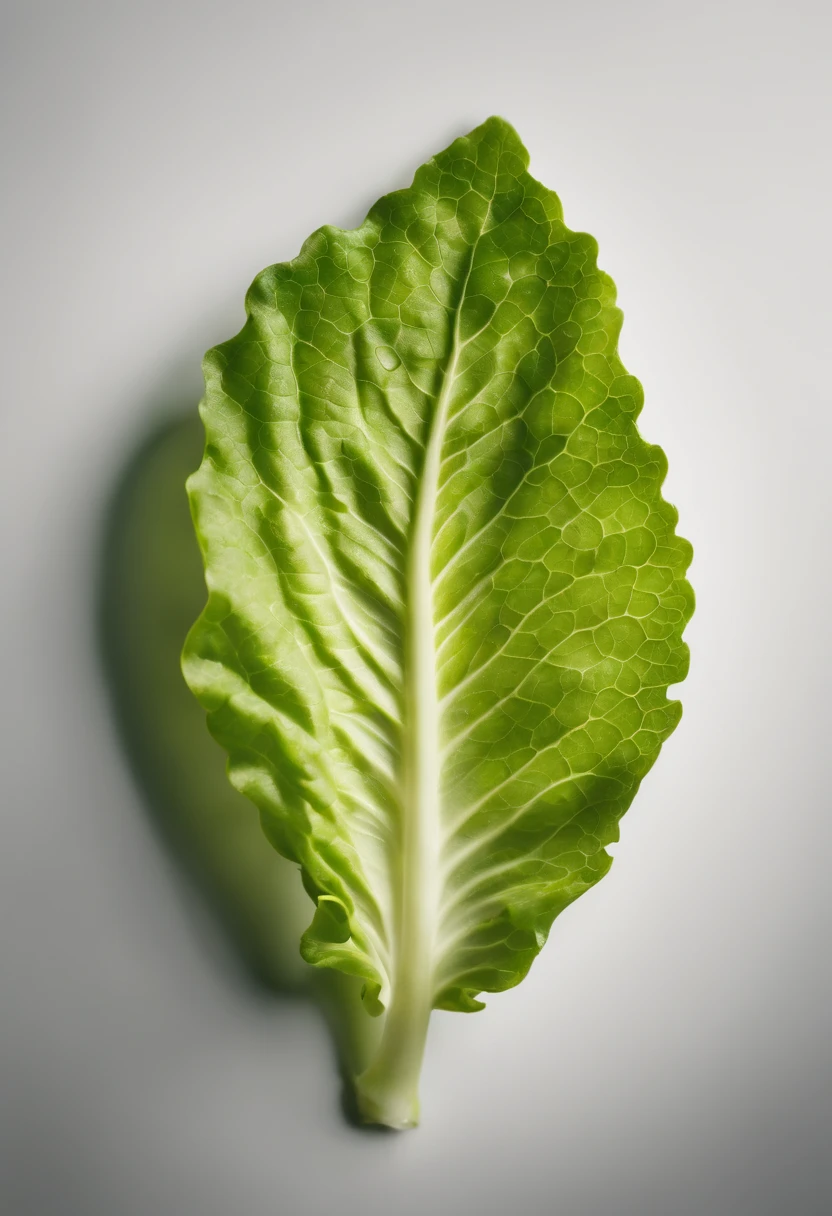 a minimalistic shot of a single lettuce leaf against a clean, white background, allowing the vibrant green color to be the focal point